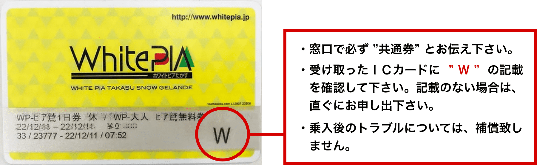 激アツ　ホワイトピアたかす、鷲ヶ岳スキー場　共通１日券　ペアセット